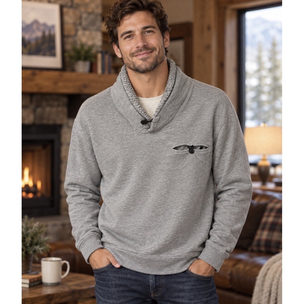 Toscano Men's L Gray shawl collar pullover Sweater  button chest & pocket